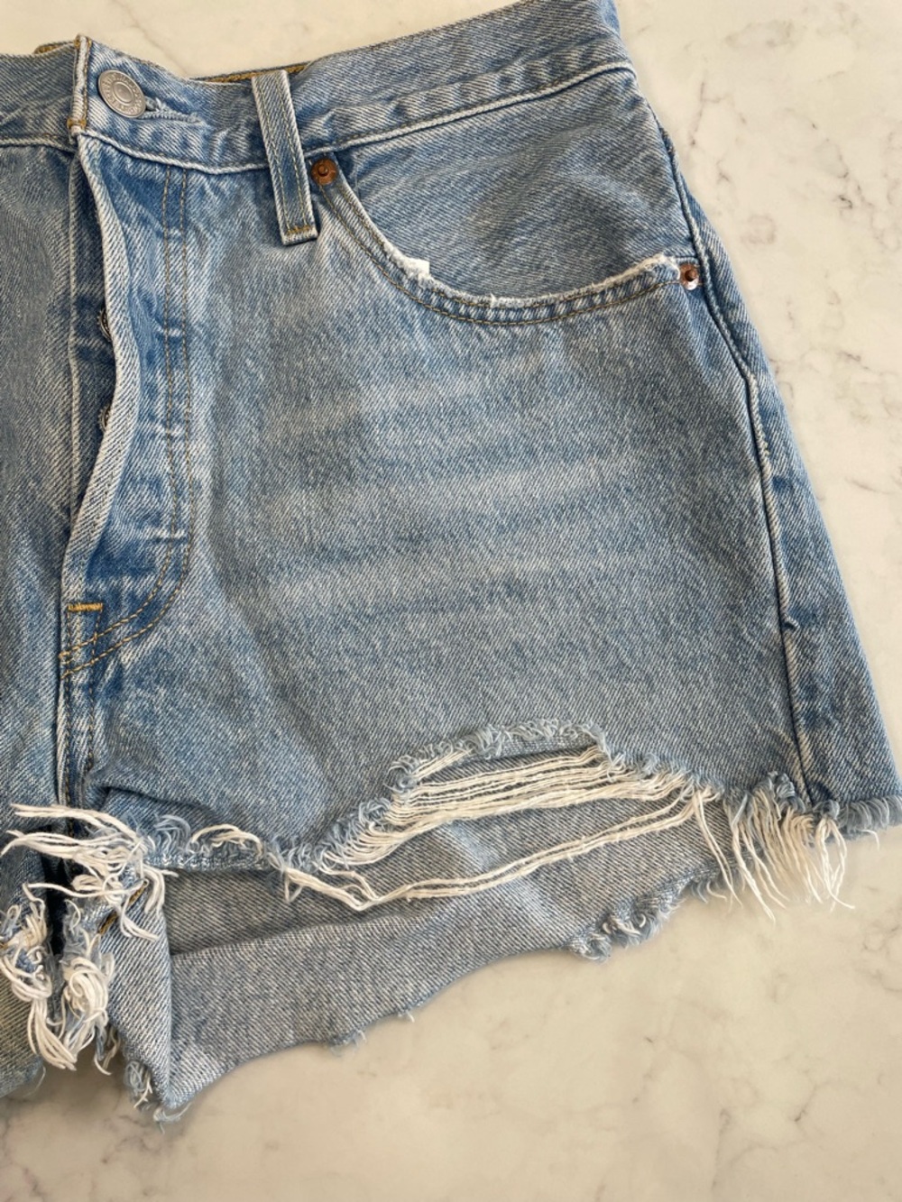 Levi's 501 button front Light Blue Distressed Denim Cutoff Shorts - Picture 4 of 11